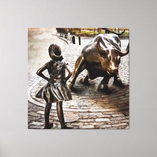 Fearless Girl Faces Down Rampaging Bull Canvas Print