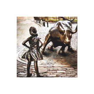 Fearless Girl Faces Down Rampaging Bull Canvas Print