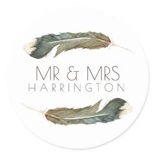 Feather Watercolor Duo | Mr & Mrs Classic Round Sticker