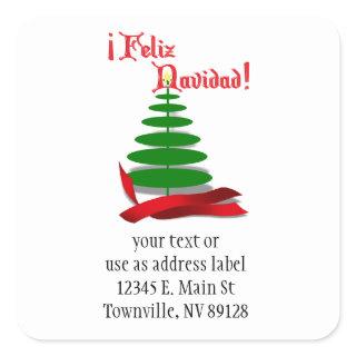 Feliz Navidad - Christmas Tree with Red Ribbon Square Sticker