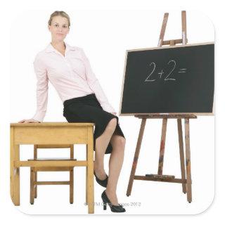 Female Teacher Posing by Wooden Desk Square Sticker