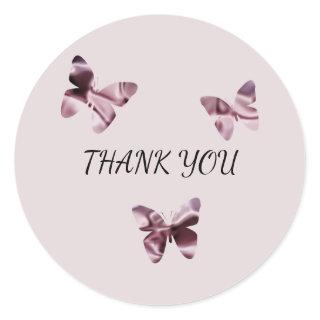 Feminine Elegant Pink Satin Butterfly Thank You Classic Round Sticker