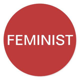 Feminist, bold white text on red stickers