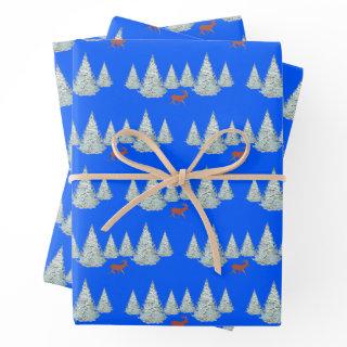 Festive Brown Deer under Snowy Spruce Trees Blue  Sheets