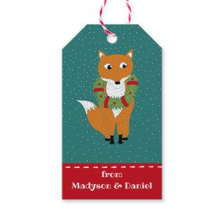 Festive Fox Wearing Christmas Wreath Personalized Gift Tags