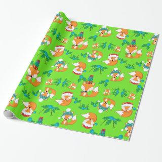 Festive Foxes and Holly Leaves on a Bright Green
