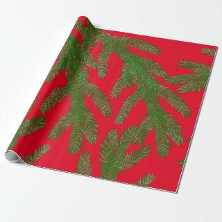 Festive Green Fir Tree Branches  on Red