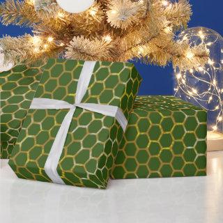 Festive Green Gold Hexagon Beehive Pattern