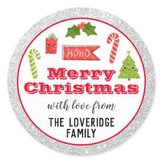 Festive Holiday Merry Christmas Red Silver Glitter Classic Round Sticker