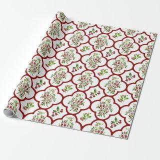 Festive Holly and Red Quatrefoil Pattern