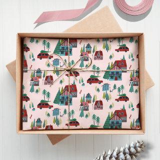 Festive Pink Village & Car Tree Retro Christmas  Tissue Paper