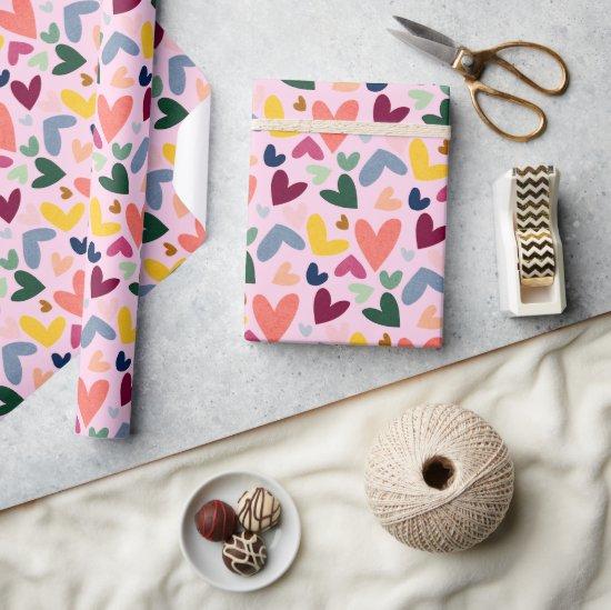Festive Red Peach Blush Pink Blue Heart Pattern