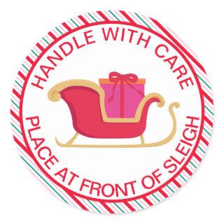 Festive Stripe Sleigh Hand With Care Classic Round Sticker