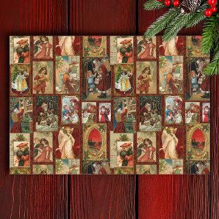 Festive Vintage Christmas Card Collage-Red BG Tissue Paper