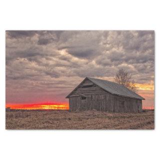 Fiery Red Sunrise Teasing an Isolated Barn Tissue Paper