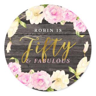 Fifty and Fabulous Floral Birthday Party Favor Classic Round Sticker