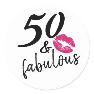 Fifty and Fabulous Modern Script Kiss Lipstick Classic Round Sticker