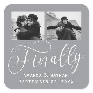 Finally Minimalist Wedding 2 Photo Save the Date Square Sticker