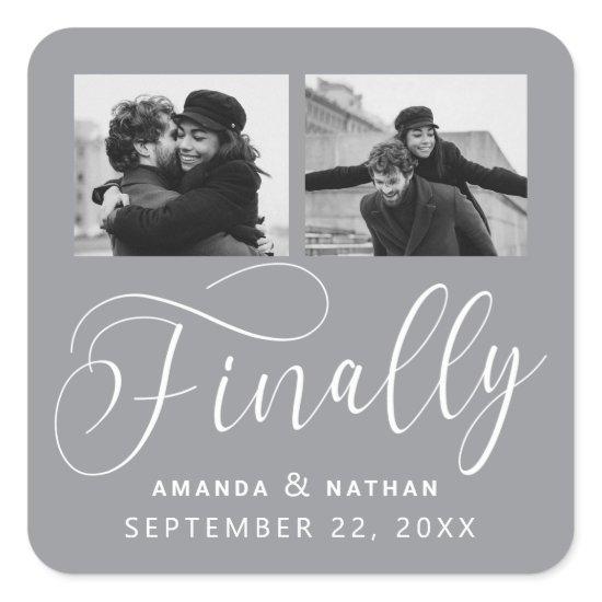 Finally Minimalist Wedding 2 Photo Save the Date Square Sticker