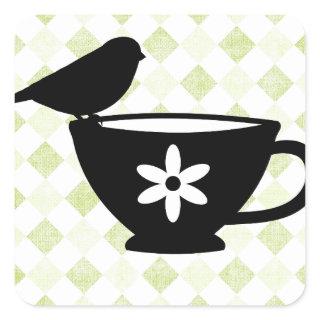 Finch on Teacup Silhouette Square Sticker