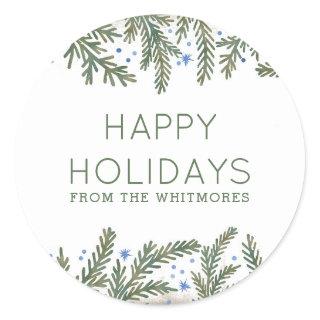 Fir Branches Happy Holidays Classic Round Sticker