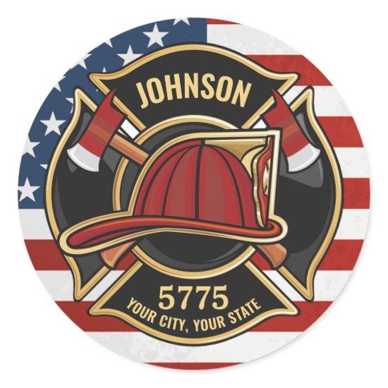 Firefighter Fire Rescue Department USA Flag Custom Classic Round Sticker