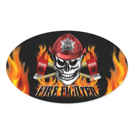 Firefighter Skull 4 and Flaming Axes Oval Sticker