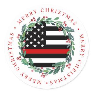 Firefighter Thin Red Line Wreath Merry Christmas Classic Round Sticker