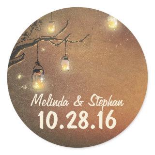 Fireflies mason jars tree branches wedding sticker