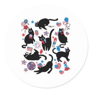 Firework 4th Of July Black Cat Usa Flag Cute Cat K Classic Round Sticker