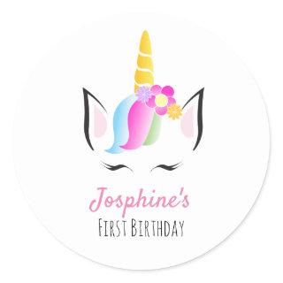 First birthday Party Unicorn face Illustration Classic Round Sticker
