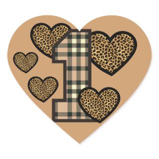 First Birthday TAN PLAID Number LEOPARD HeartsV05G Heart Sticker