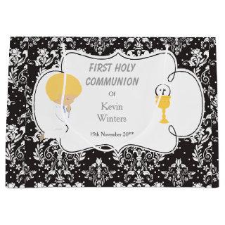First Communion Blonde Boy Black Damask Large Gift Bag