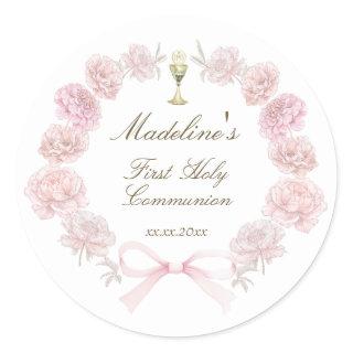 first communion delicate peonies frame classic round sticker