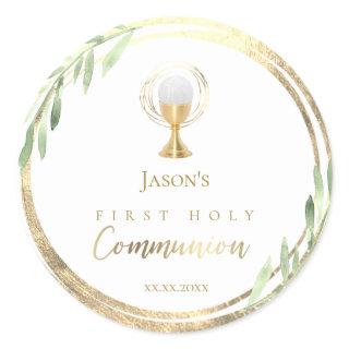 First Communion green leaves faux gold foil Classic Round Sticker