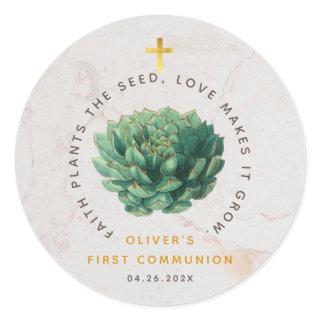 First Communion Green Succulent Faith Plants Seed Classic Round Sticker