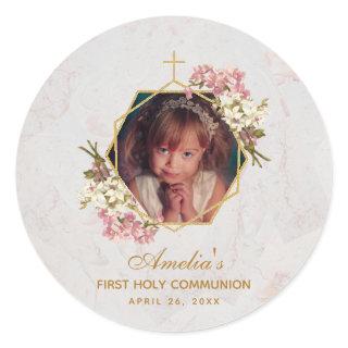First Communion Photo Gold Pink Orchids Marble Classic Round Sticker