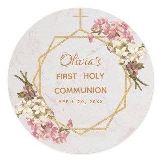 First Holy Communion Floral Gold Orchids Marble Classic Round Sticker