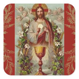 First Holy Communion Jesus Chalice Flowers Square Sticker