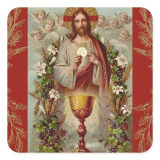 First Holy Communion Jesus Chalice Flowers Square Sticker