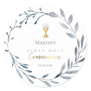 First Holy communion watercolor blue wreath Classic Round Sticker