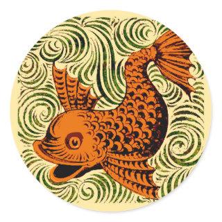 Fish Antique Tile Old art ancient Classic Round Sticker