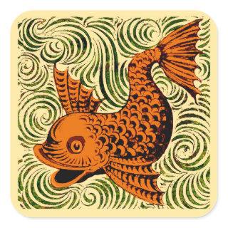 Fish Antique Tile Old art ancient Square Sticker