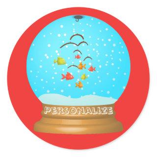 Fish bowl snow globe cute red blue classic round sticker
