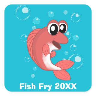 Fish Fry Seafood Boil Party w Red Fish and Bubbles Square Sticker
