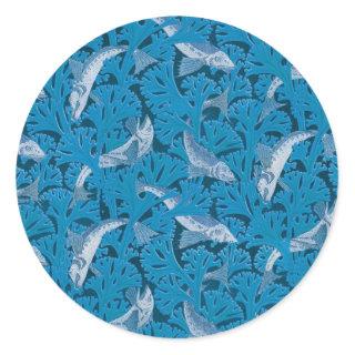 Fish Swimming Seaweed Coral Blue Vintage Classic Classic Round Sticker