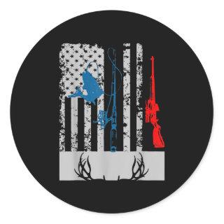 Fishing And Deer Hunting American Flag Classic Round Sticker