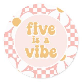 Five is a Vibe Pink Daisy Checker Classic Round Sticker