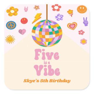 Five Is A Vibe Retro Disco Ball 5th Birthday Party Square Sticker