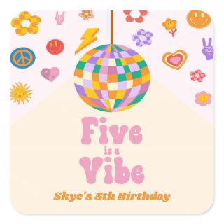 Five Is A Vibe Retro Disco Ball 5th Birthday Party Square Sticker